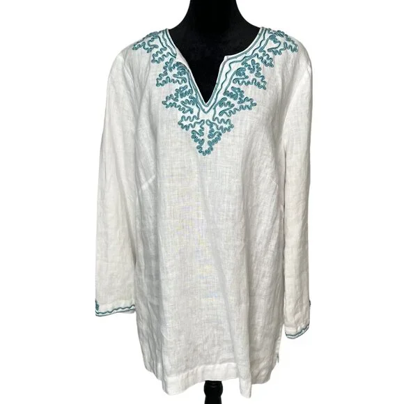 Madison Size XL Linen White Embroidered Trim Tunic Teal Split Neck Long Sleeve - Picture 2 of 8